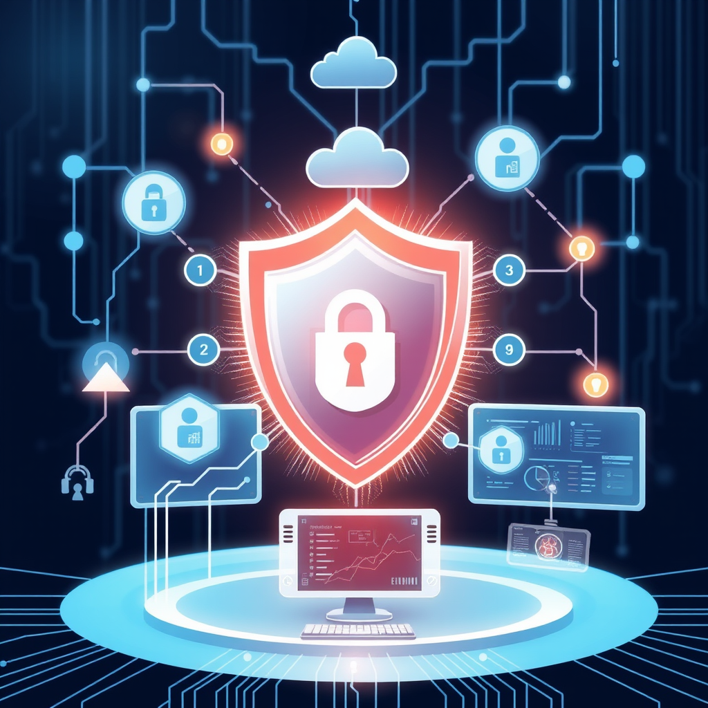 Professional network security illustration showing a digital shield protecting business network infrastructure with firewall icons and security monitoring displays