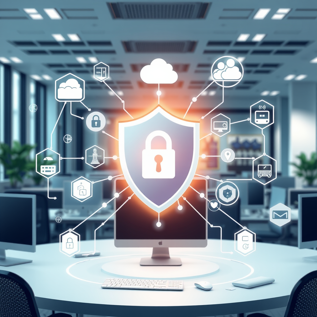Professional network security illustration showing a digital shield protecting computer networks, servers, and connected devices with security icons and firewall symbols in a modern office environment