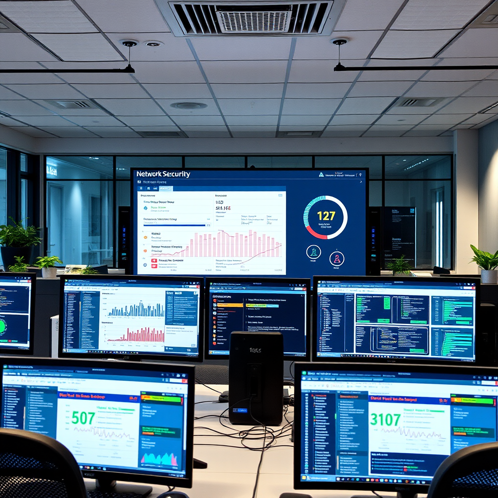 Modern network security dashboard showing firewall status, device monitoring alerts, and security audit results on multiple computer screens in a professional IT office environment