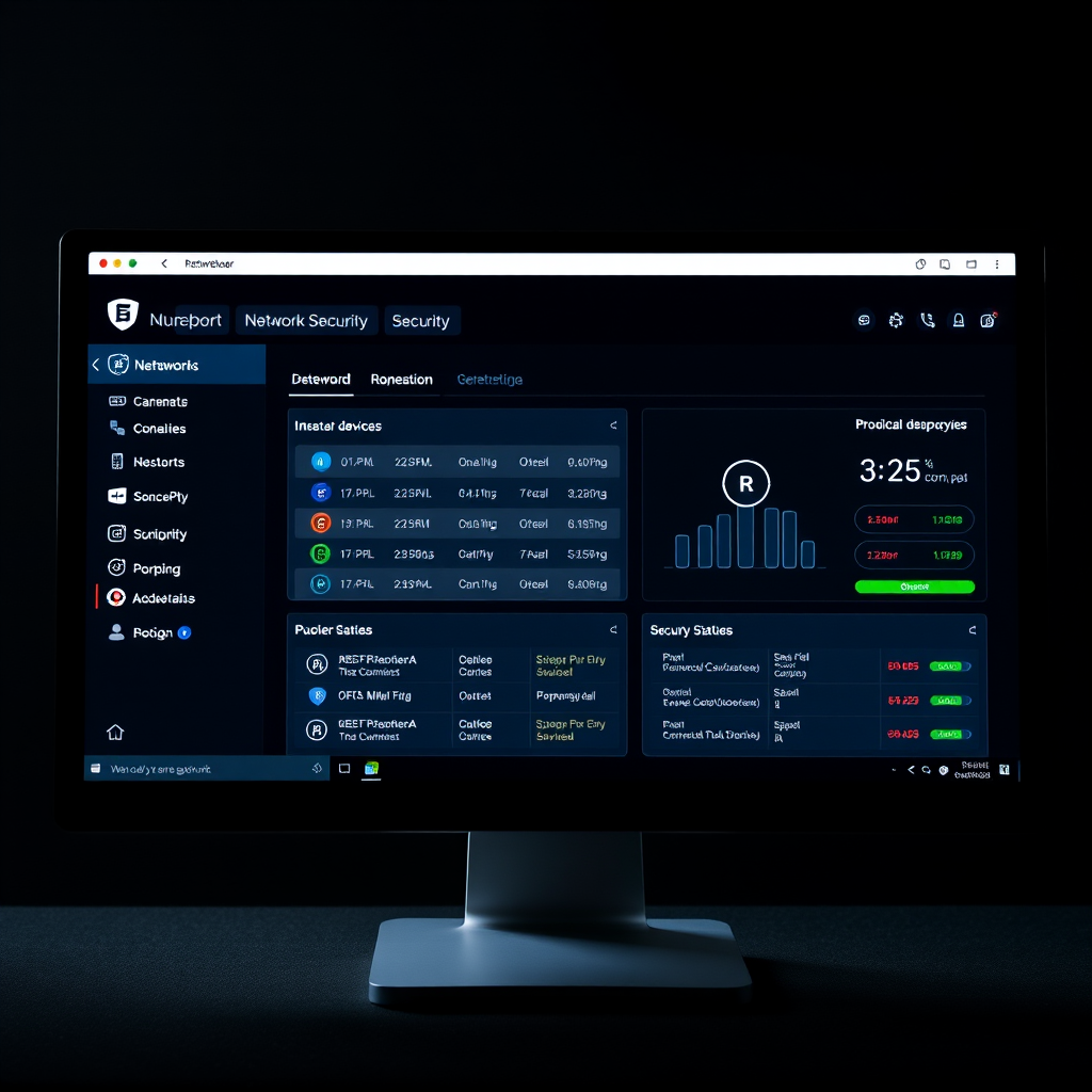 Computer screen displaying network security dashboard with connected devices, IP addresses, and security status indicators on a dark background