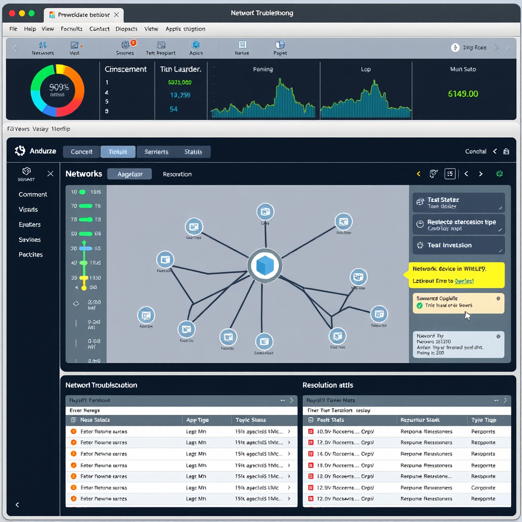 Network troubleshooting dashboard showing connection diagnostics, network topology map, and device status indicators with error alerts and resolution tools