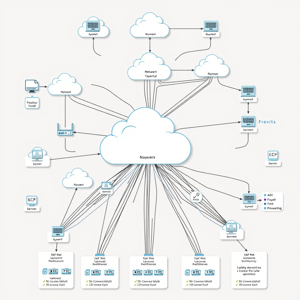 Complex network topology diagram showing interconnected devices, routers, switches, and servers with various connection types and network segments mapped out in a hierarchical structure