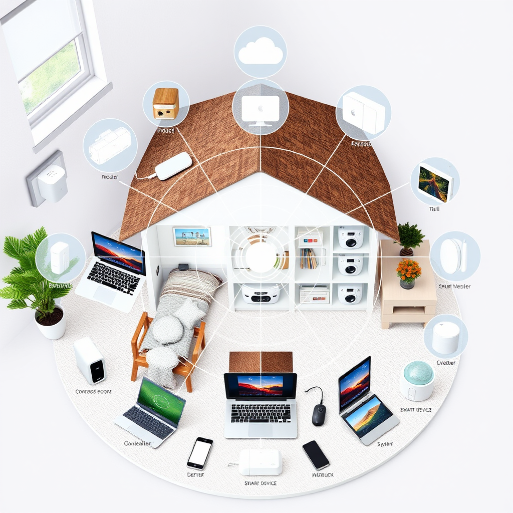 Home network diagram showing various connected devices like laptops, smartphones, tablets, and smart home devices with scanning radar overlay indicating device detection and identification process