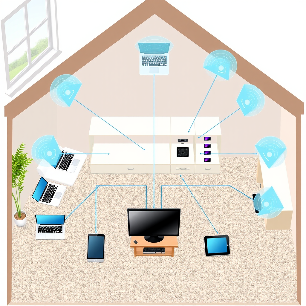 Home network diagram showing various connected devices like laptops, smartphones, tablets, smart TV, and router with scanning waves and identification markers highlighting unknown devices