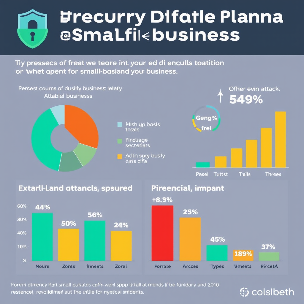 Infographic displaying cybersecurity threat statistics for small businesses, showing pie charts and bar graphs with percentages of different types of attacks and their financial impact