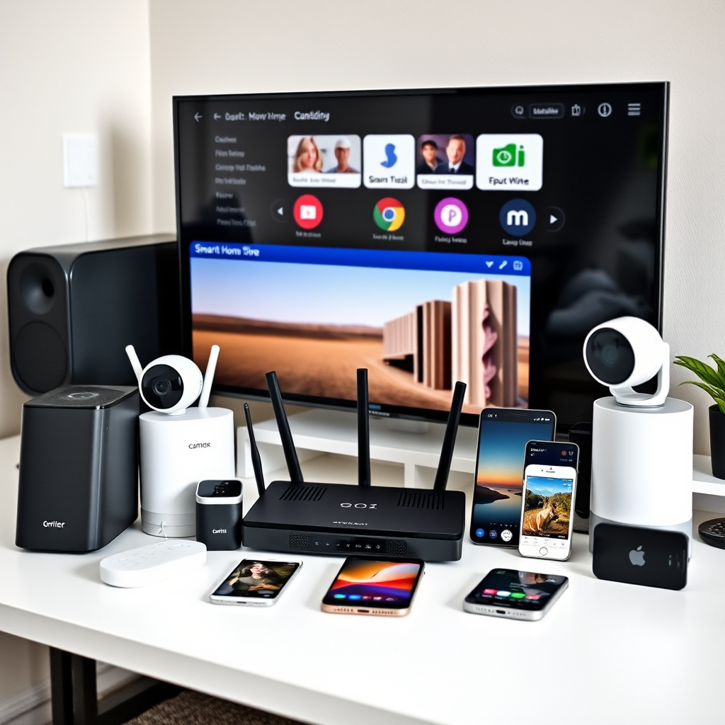 Collection of various smart home devices including router, smart TV, security camera, and mobile devices arranged on a modern desk