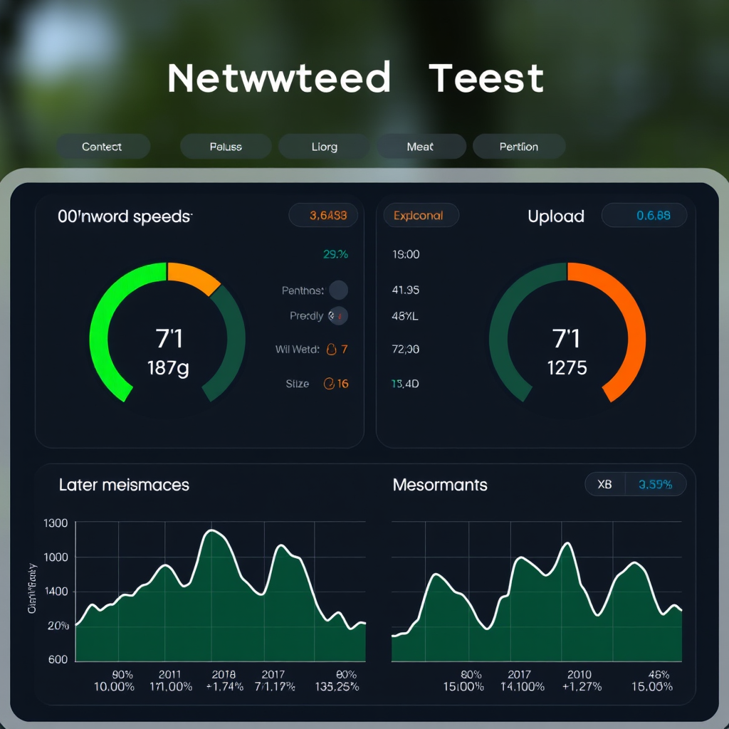 Network speed test interface displaying download and upload speeds, latency measurements, and bandwidth utilization graphs with performance metrics