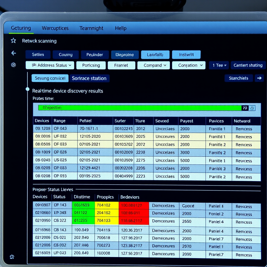 Professional network scanning interface displaying real-time device discovery results, IP address ranges, and device status indicators with color-coded security compliance levels