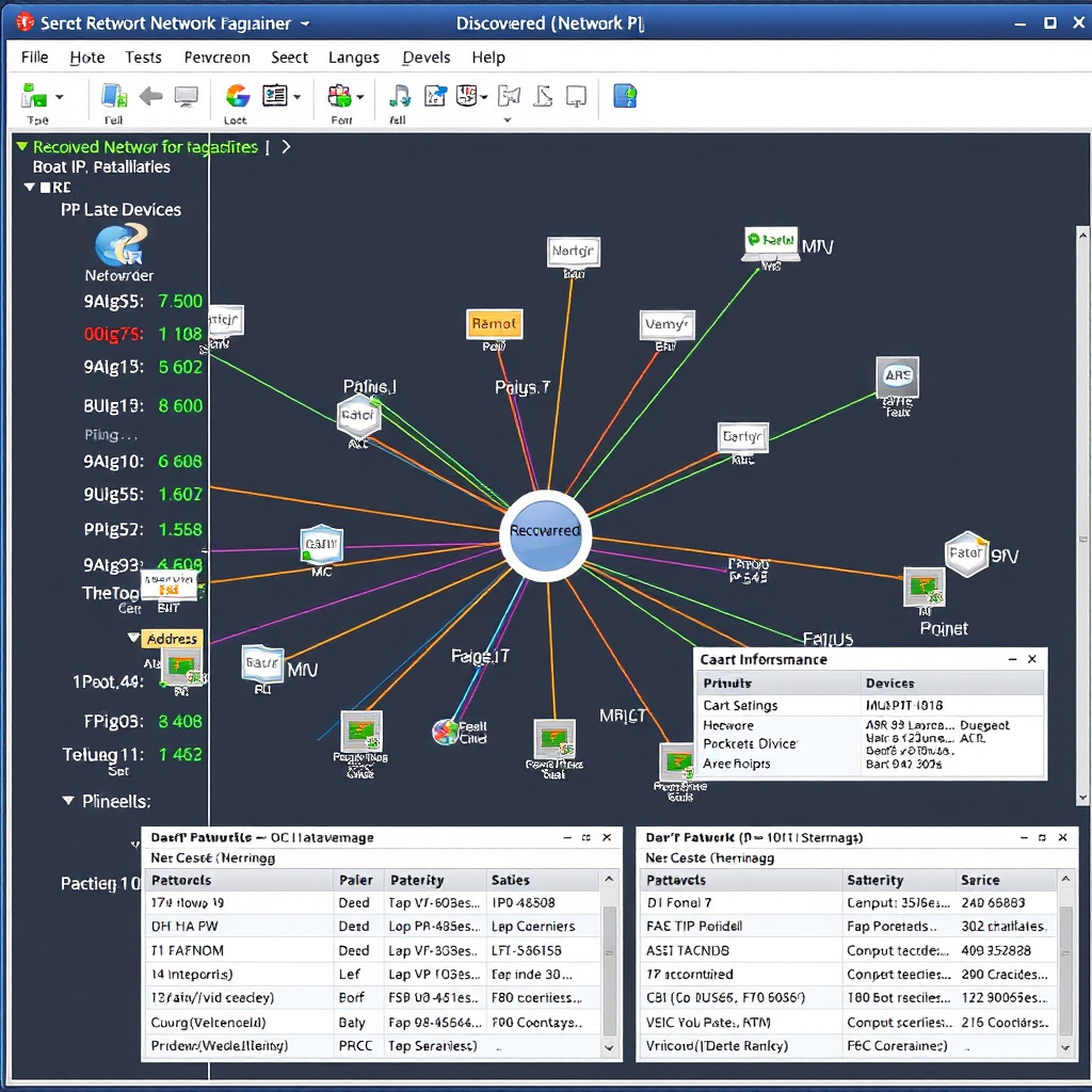 Screenshot of network mapping software interface showing discovered devices, IP addresses, MAC addresses, and connection paths with color-coded status indicators and detailed device information panels