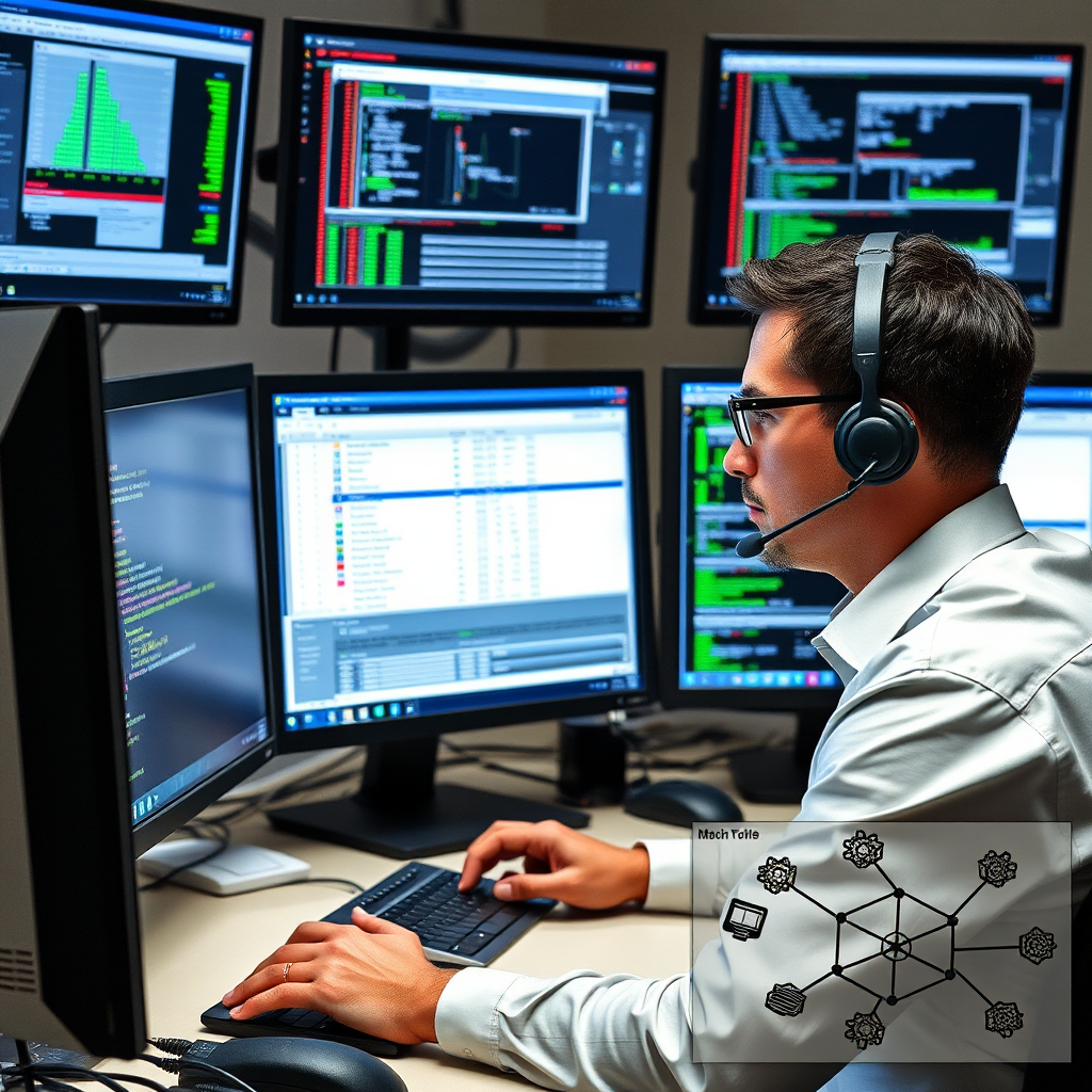 IT professional working on network troubleshooting with multiple computer screens showing network diagnostic tools, connection status indicators, and network topology diagrams