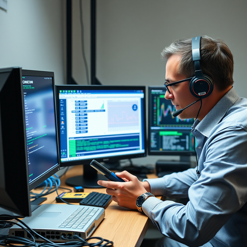 IT professional troubleshooting network connectivity issues with diagnostic tools, network cables, routers, and computer screens showing connection status and network analysis graphs