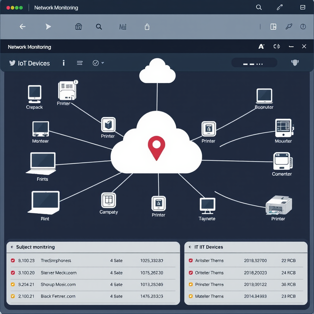 Network monitoring interface showing a visual map of connected devices including computers, smartphones, printers, and IoT devices with security status indicators and connection details