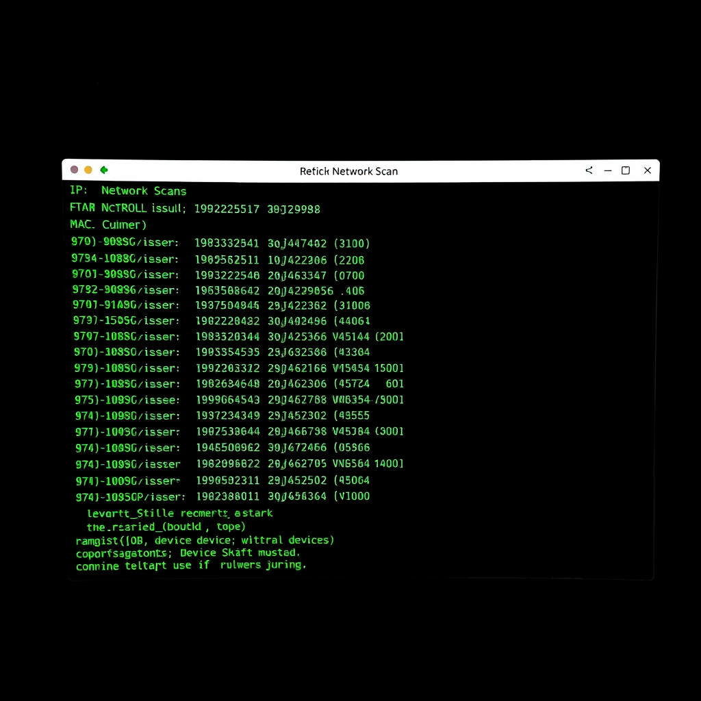 Computer terminal window showing network scan results with IP addresses, MAC addresses, and device information in green text on black background
