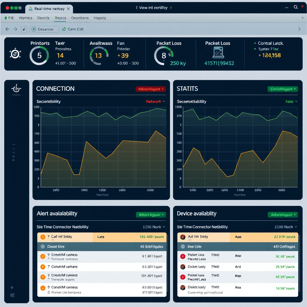 Real-time network monitoring dashboard showing connection stability graphs, packet loss indicators, and device availability status with alert notifications