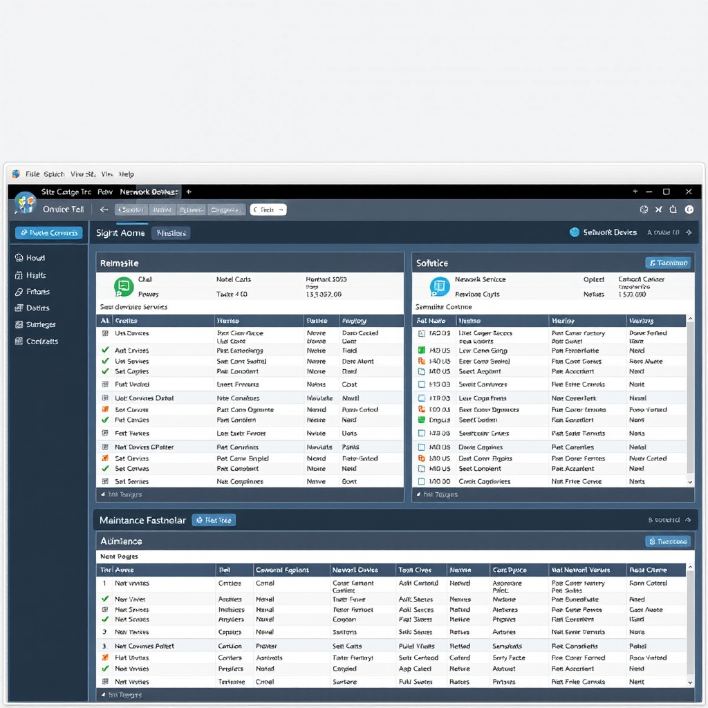 Comprehensive device inventory management system interface showing categorized network devices, hardware specifications, software versions, and maintenance schedules in a organized dashboard layout