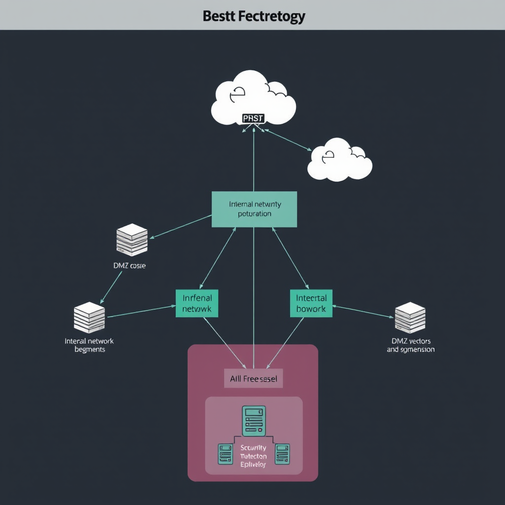 Network security topology diagram highlighting firewall placement, DMZ zones, internal network segments, and security boundaries with threat vectors and protection layers clearly marked