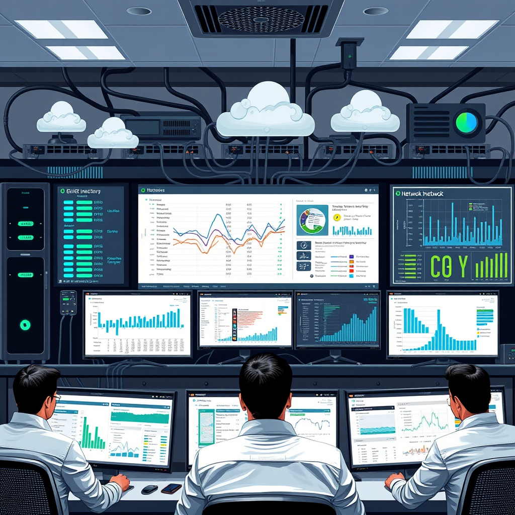 Enterprise network management dashboard showing multiple connected devices, servers, switches, and monitoring tools with network admins working on device inventory and performance metrics