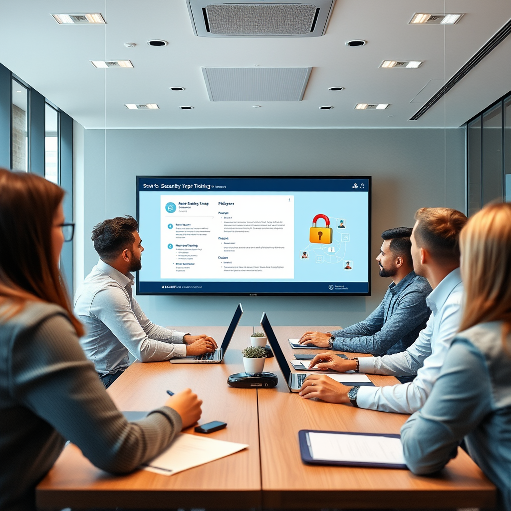 Professional cybersecurity training session with employees learning about phishing emails, password security, and safe browsing practices in a modern conference room setting