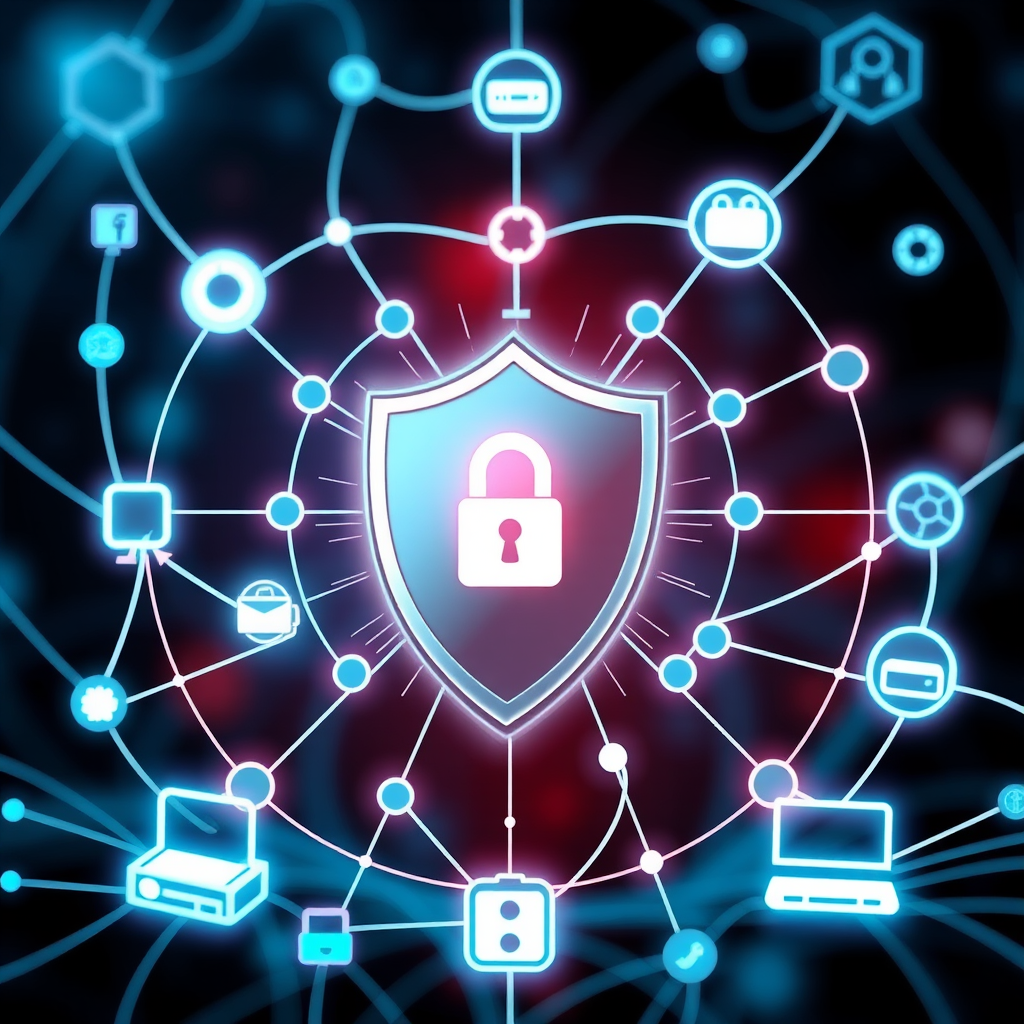 Digital security shield icon surrounded by network connection lines and device icons, representing comprehensive network protection and monitoring