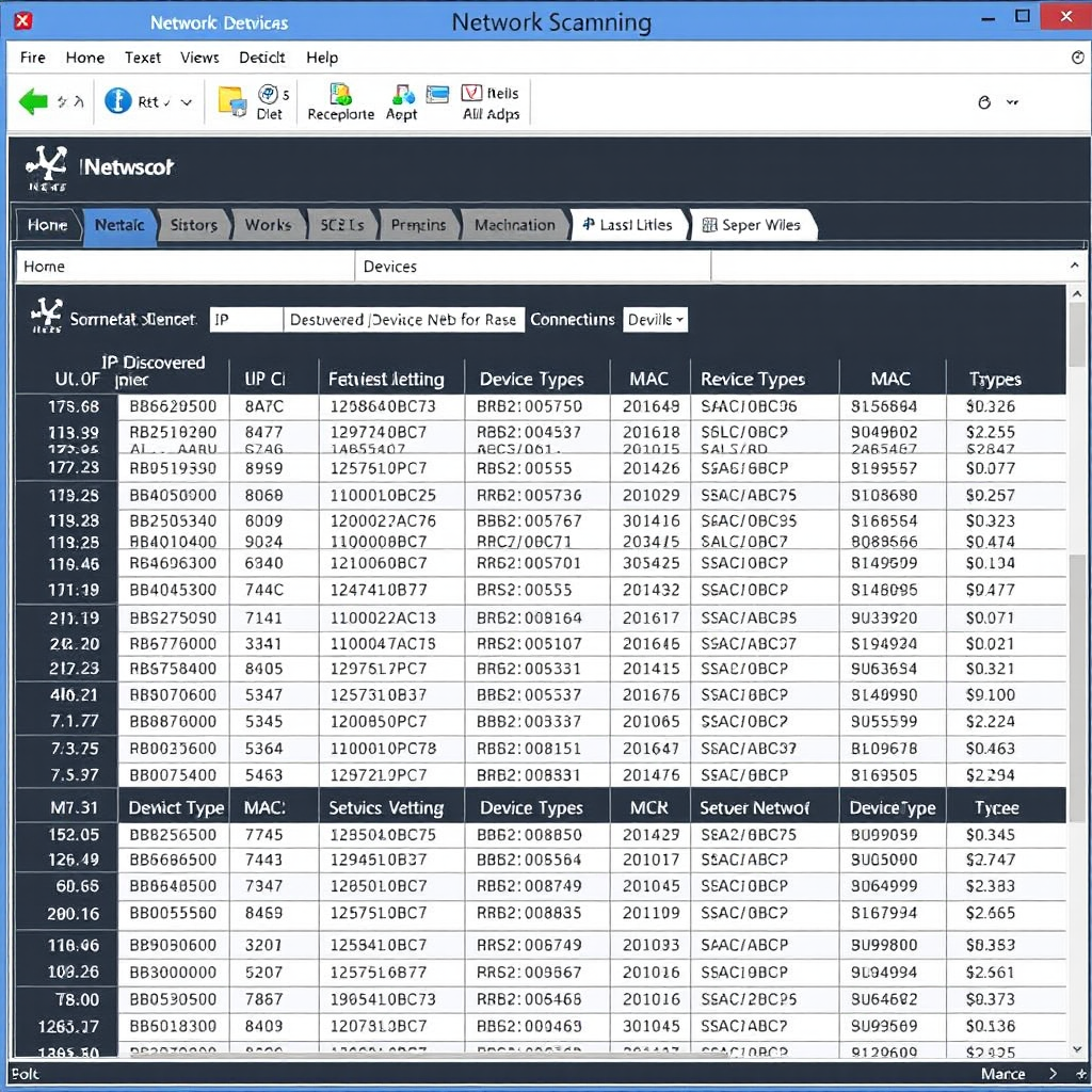 Network scanning software interface showing discovered devices, IP addresses, MAC addresses, device types, and connection status in a detailed grid layout