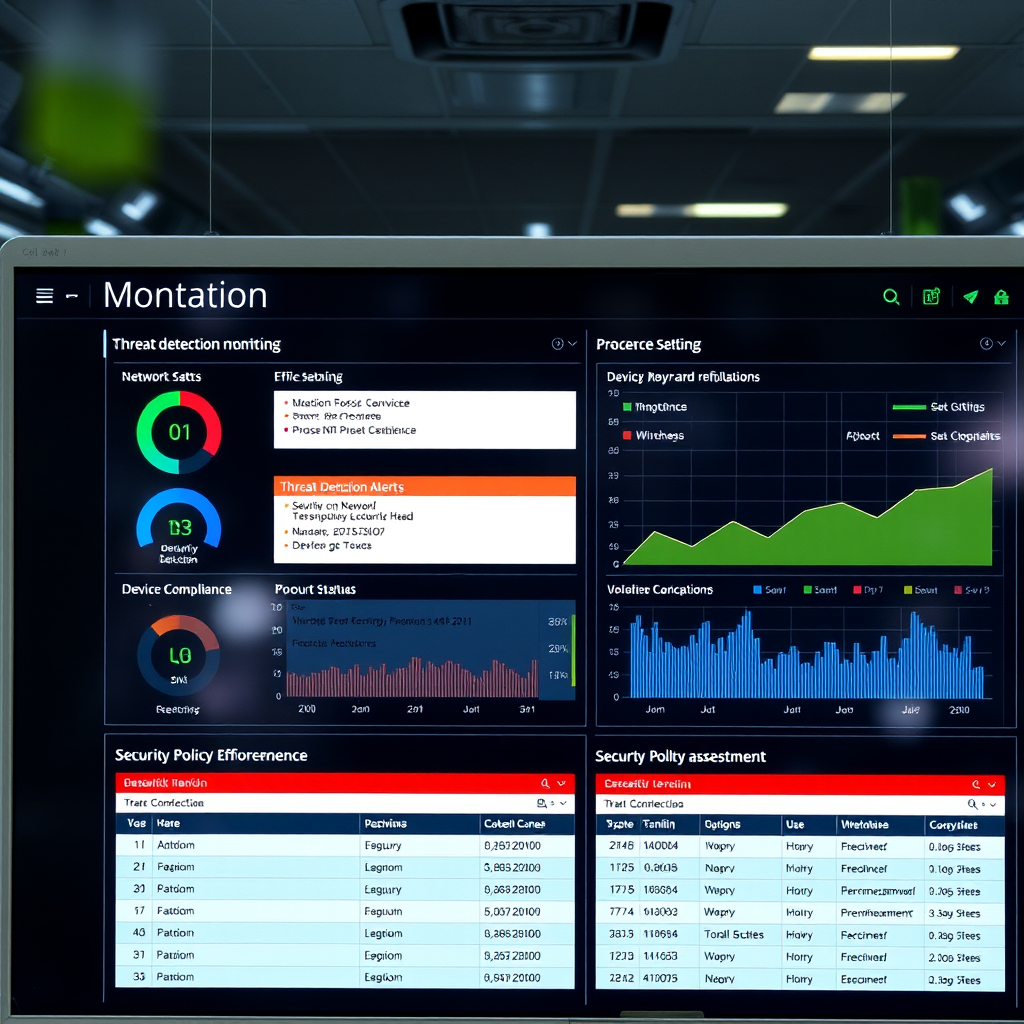 Network security monitoring dashboard displaying threat detection alerts, device compliance status, vulnerability assessments, and security policy enforcement across enterprise network infrastructure