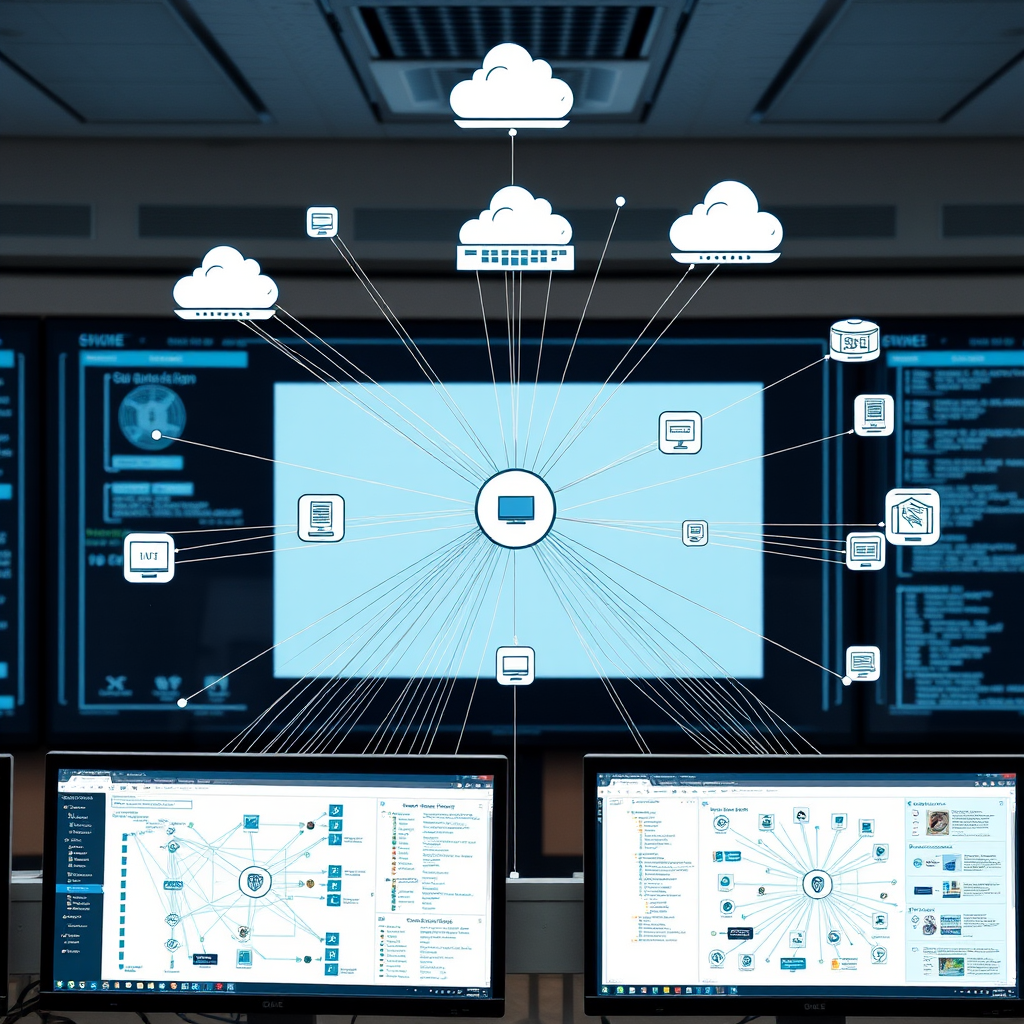 Network topology visualization showing interconnected devices, servers, routers, and switches in a detailed network map with connection lines and infrastructure documentation on computer screens