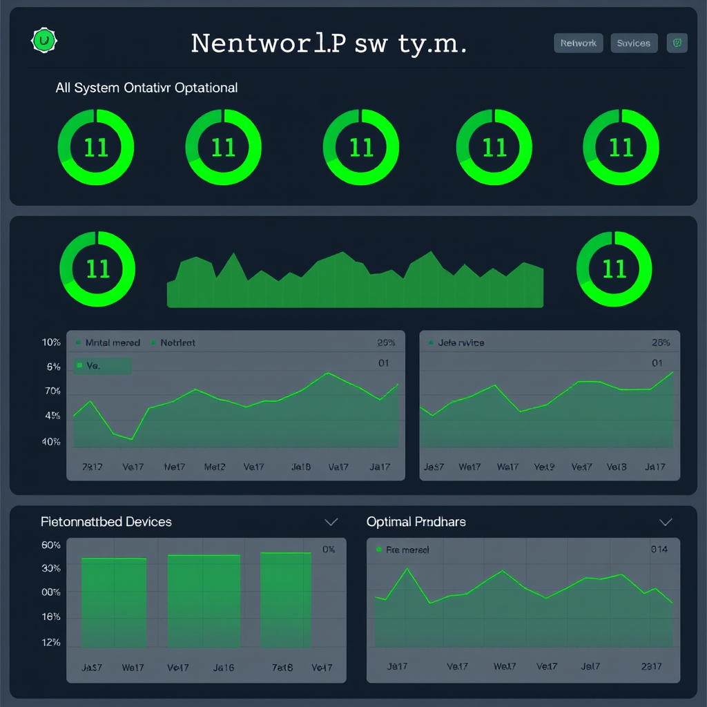 Network status dashboard showing all systems operational with green indicators, resolved connection issues, and optimal performance metrics across all monitored devices