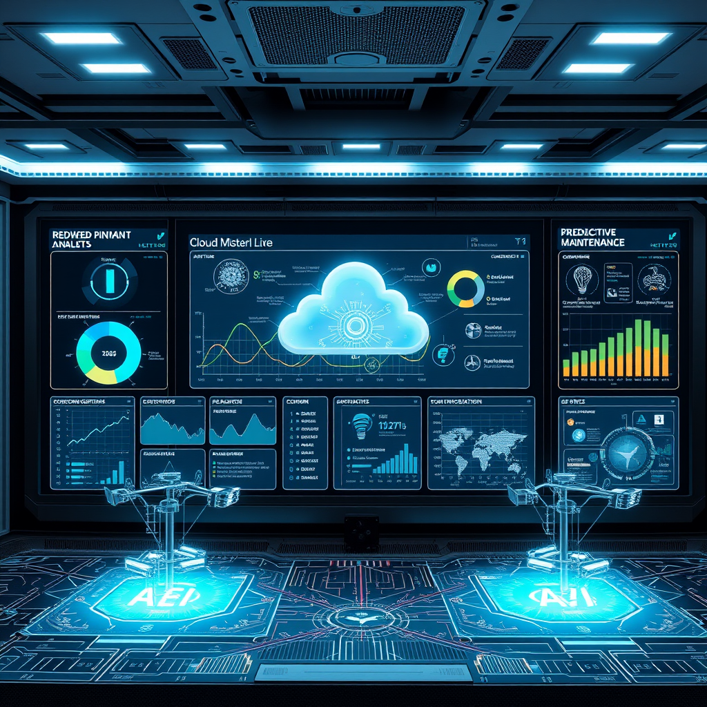 Futuristic network management interface featuring AI-powered analytics, predictive maintenance dashboards, cloud integration panels, and automated device management systems with holographic displays